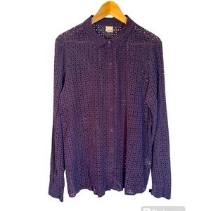 ECRU Women’s Silk Cut-Out Blouse Button Down Tailored Deep Plum Women’s Large